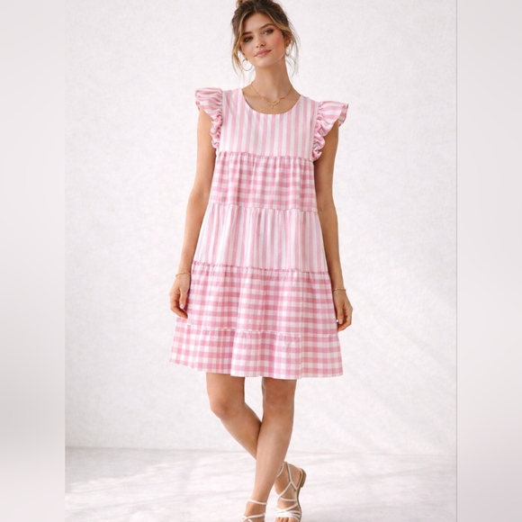 entro Dresses & Skirts - Entro Pink Mixed Stripe Gingham Tiered Flutter Sleeve Dress Small Romantic